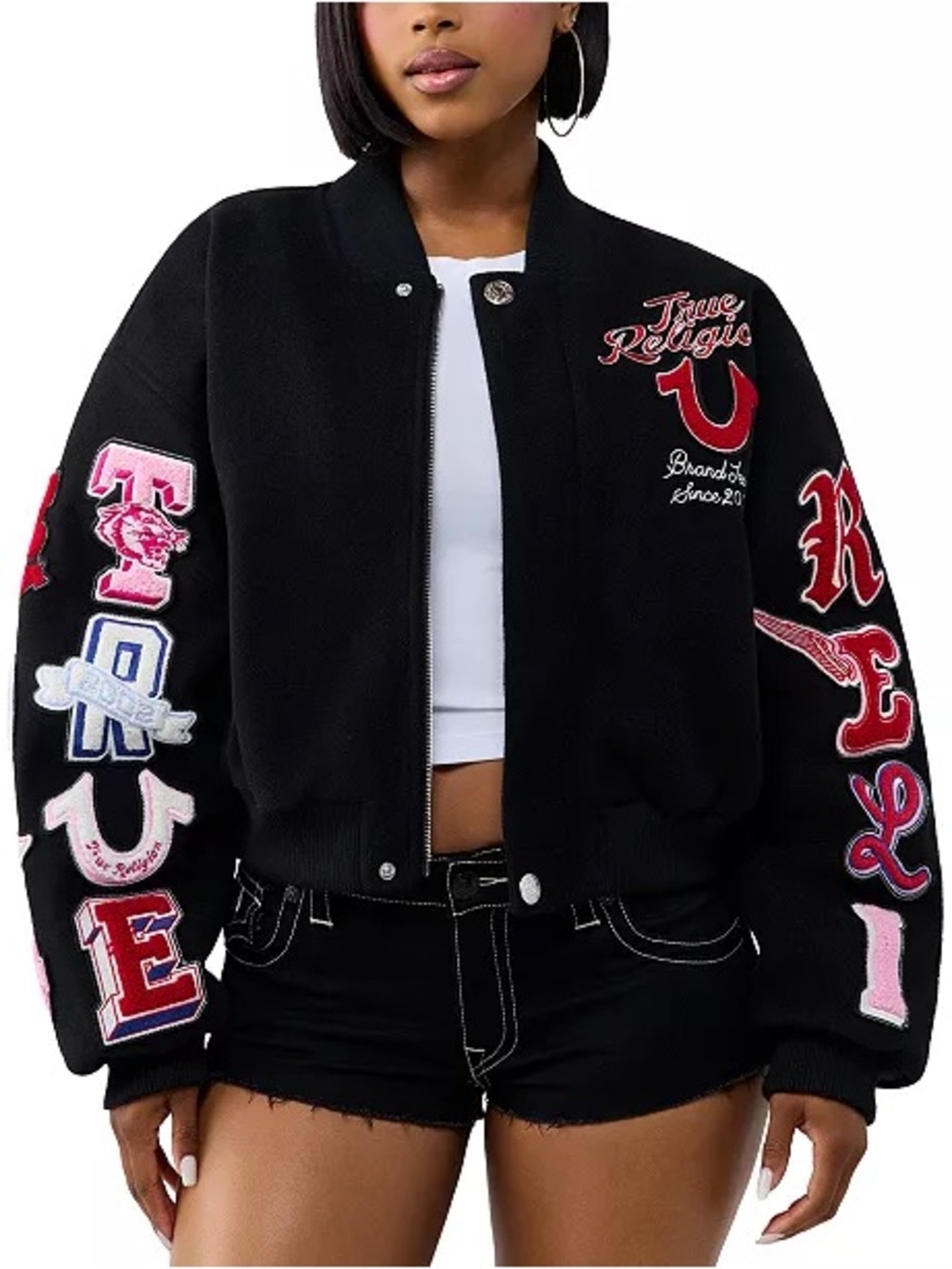 True Religion Black Varsity Jacket with Pink & Red Appliqués